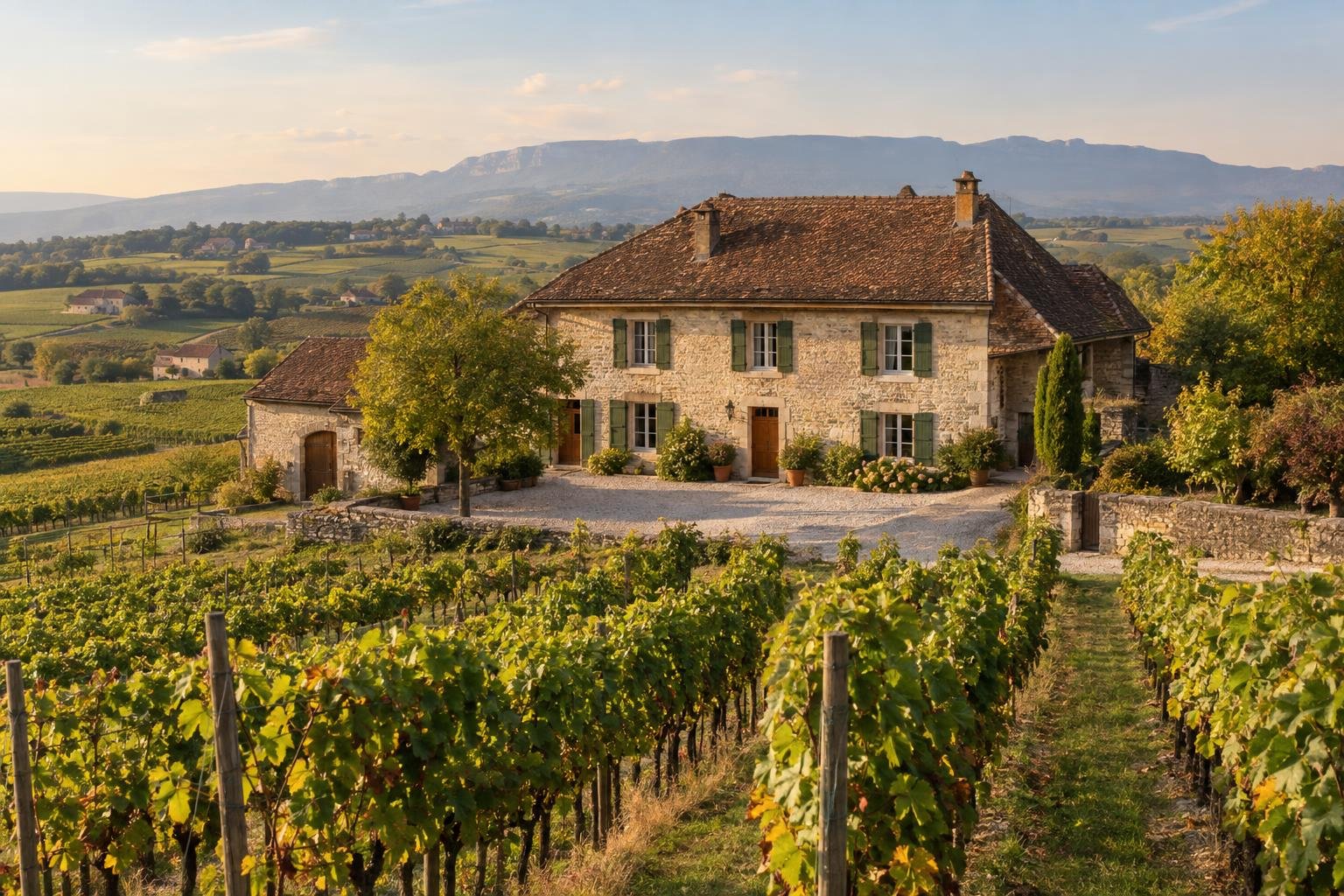 Maison de maître en pierre entourée de vignes