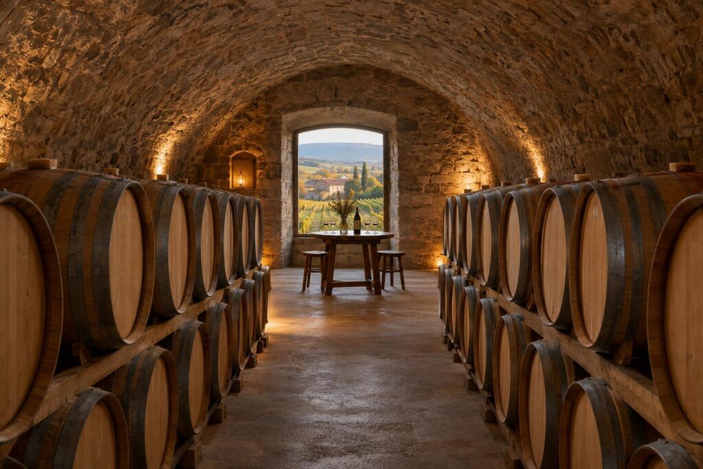 Cave voûtée avec des barriques