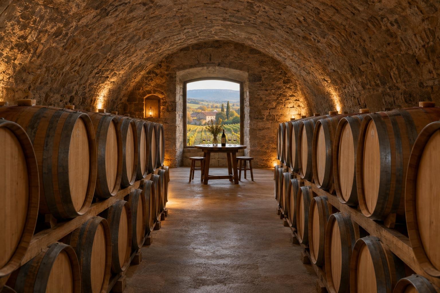 Cave voûtée avec des barriques