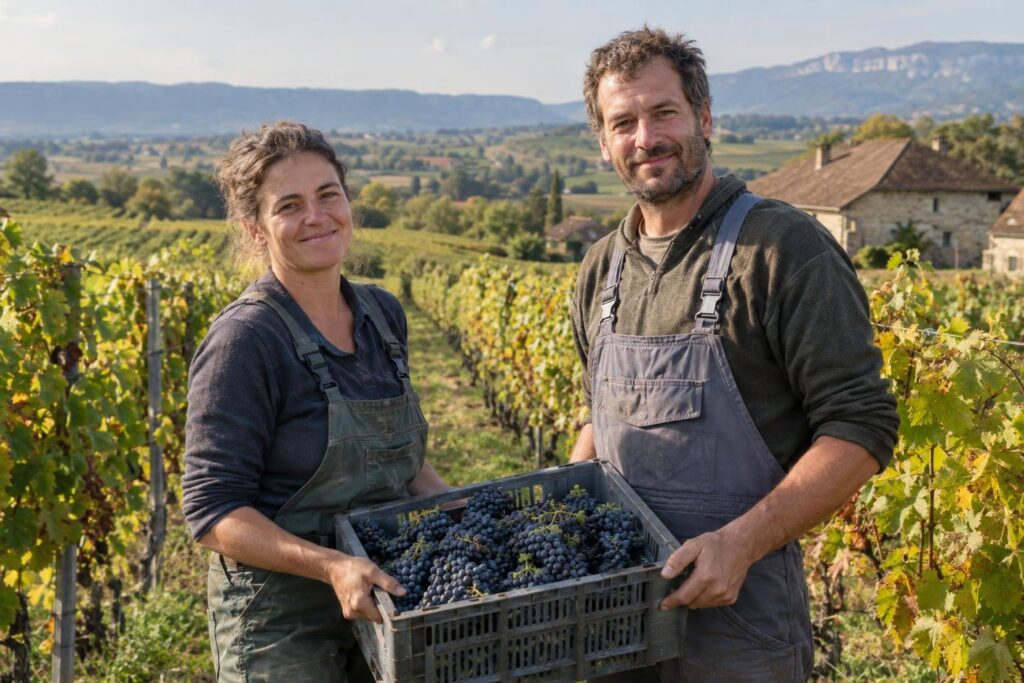Une vigneronne et un vigneron dans les vignes
