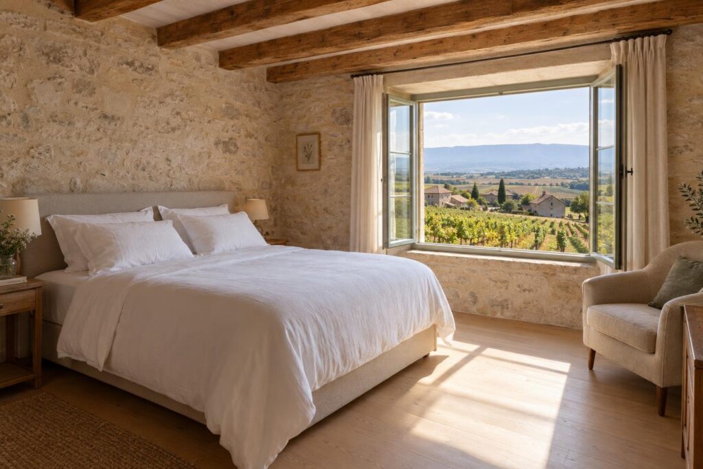 Chambre lumineuse avec lit double et vue sur les vignes