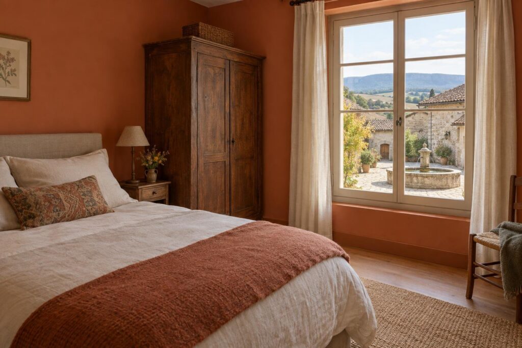 Chambre double donnant sur une cour pavée