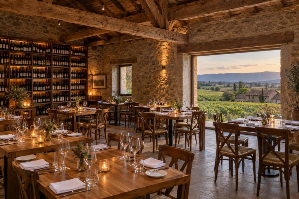 Salle de restaurant rustique et élégante