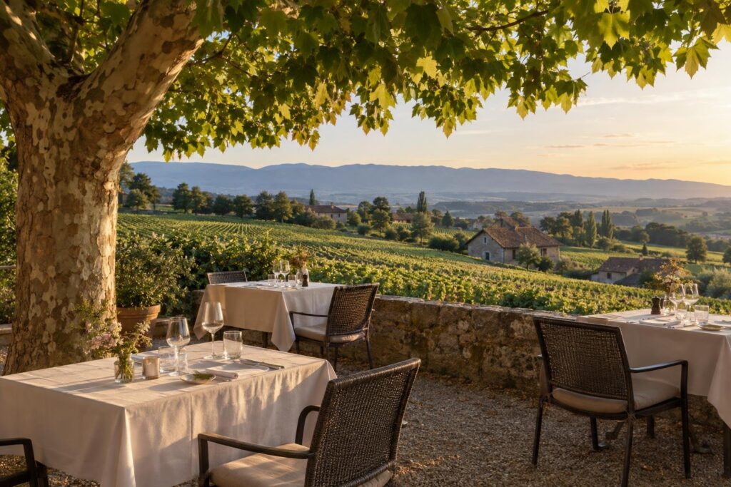Terrasse ombragée face aux vignes