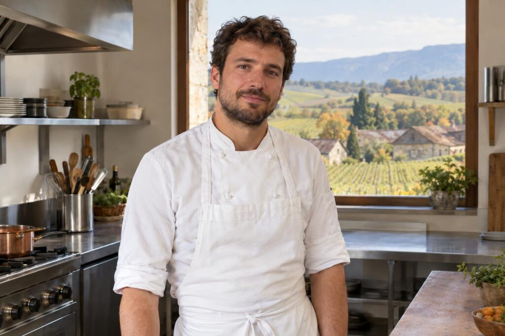 Un chef en veste blanche dans sa cuisine