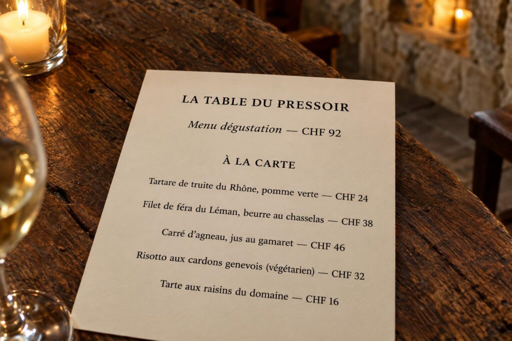 La carte imprimée du restaurant, avec les plats et leurs prix